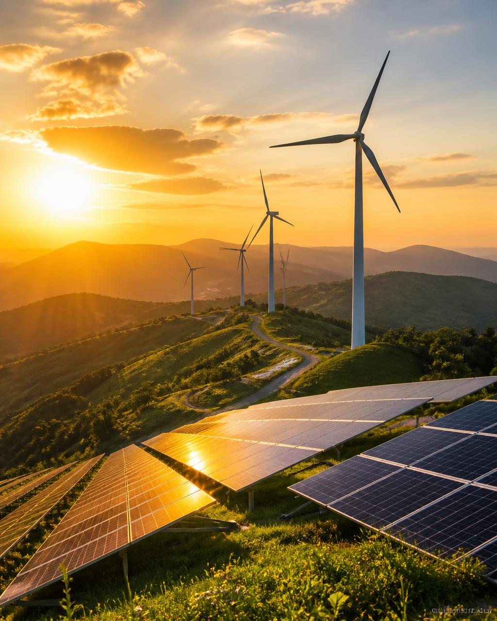 Pale eoliche e pannelli fotovoltaici su colline verdi al tramonto