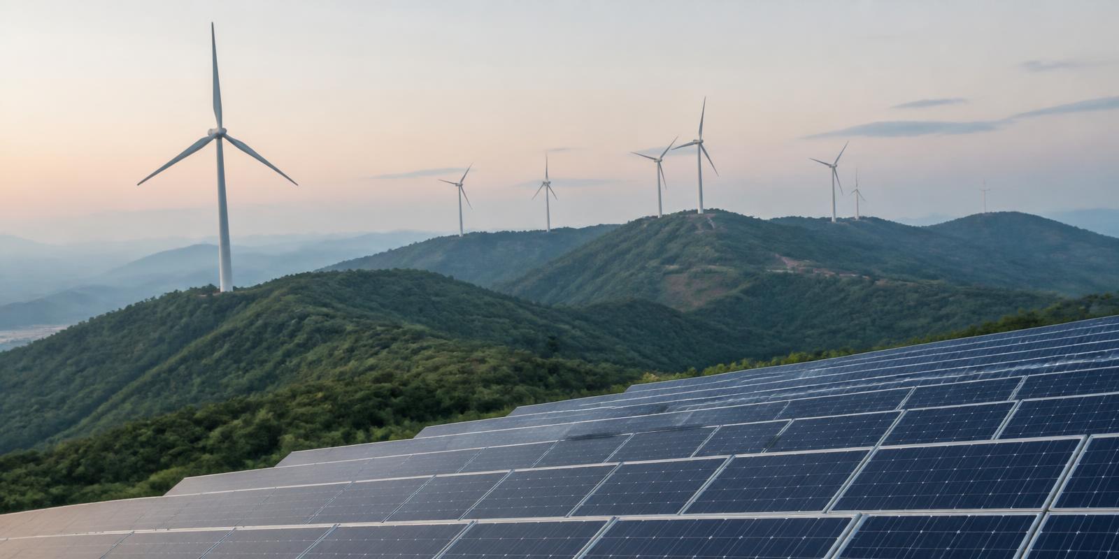 Pannelli fotovoltaici e pale eoliche su colline verdi