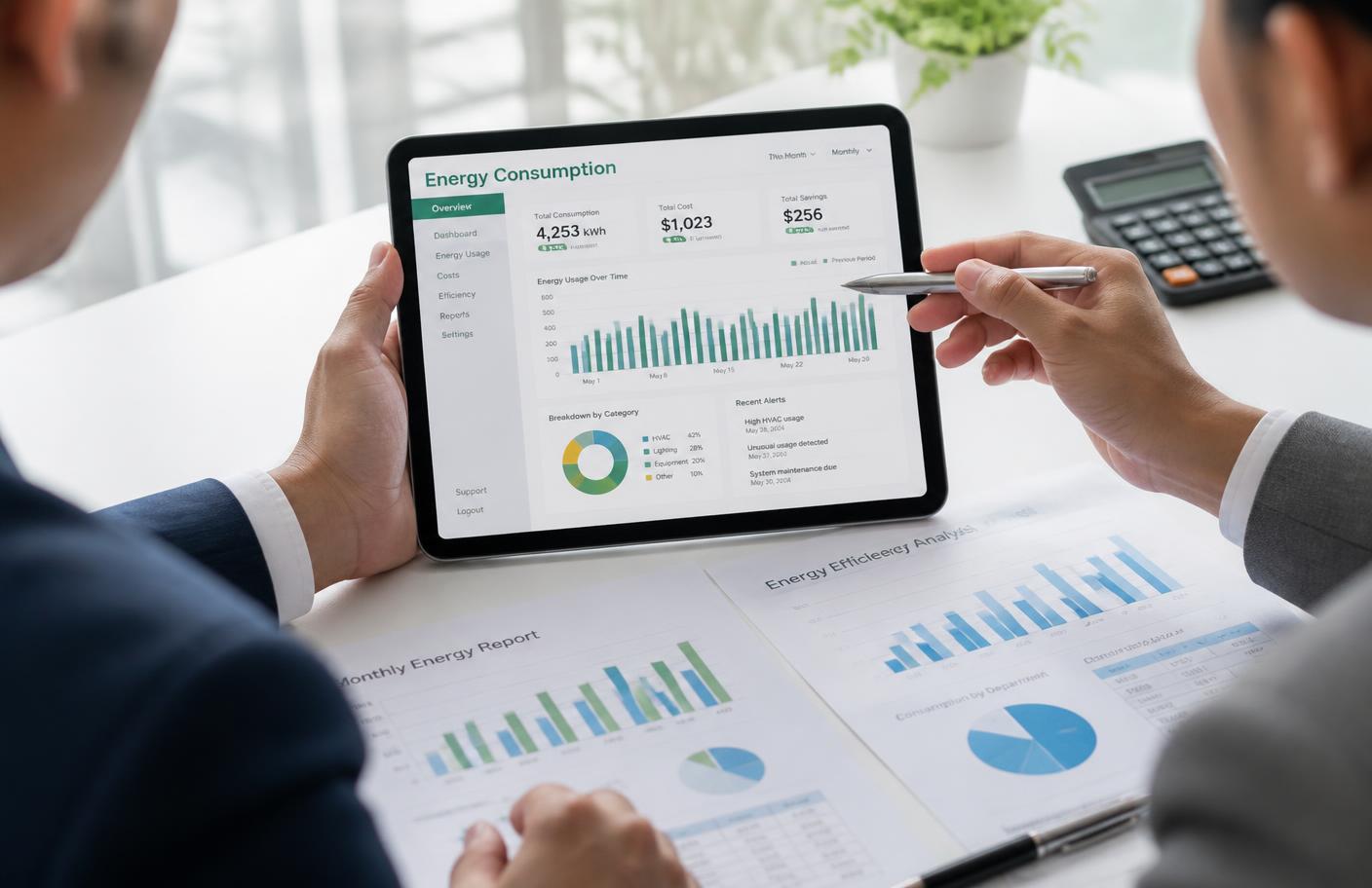 Consulenti Maxima analizzano grafici dei consumi energetici su un tablet